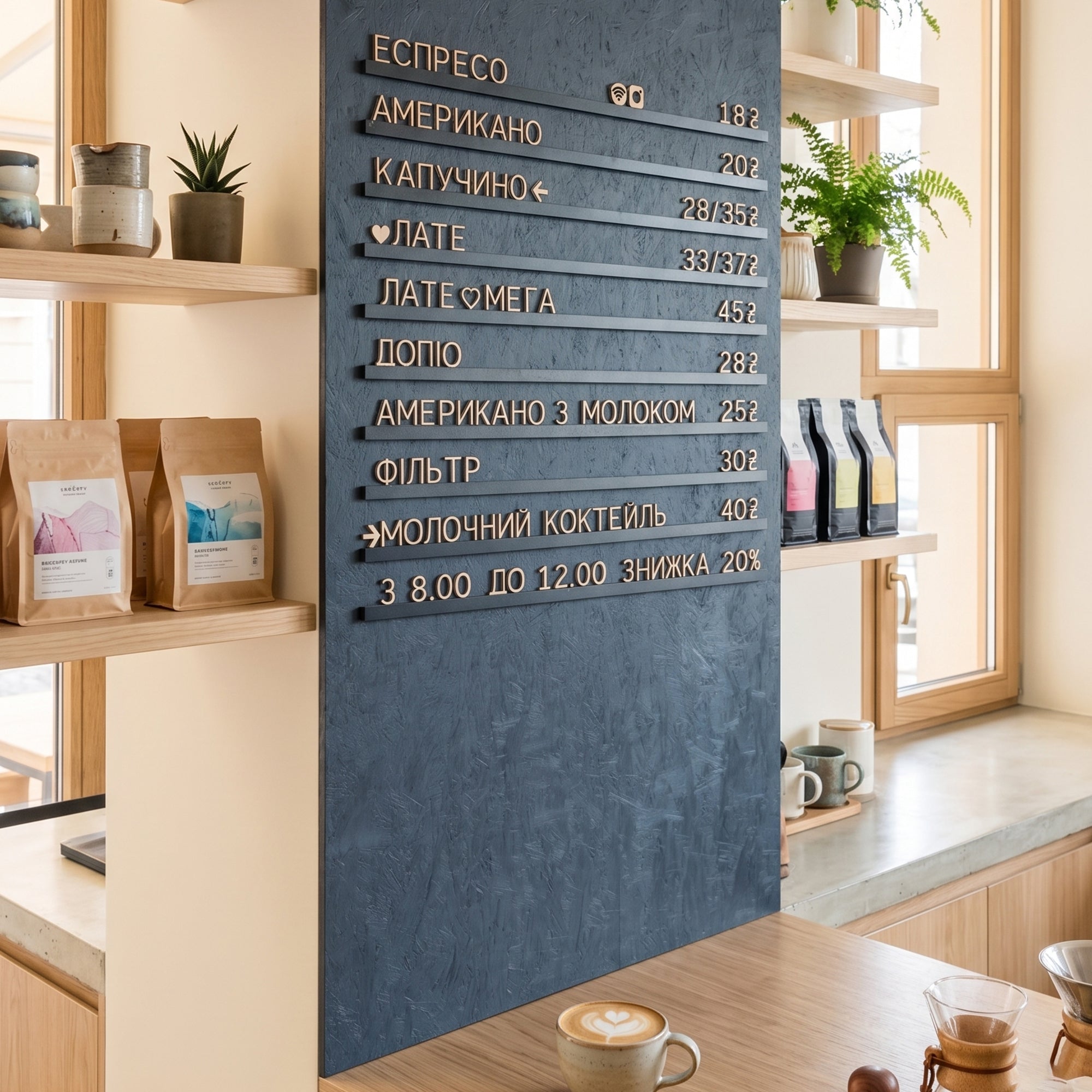Cyrillic Wooden Menu Board | Ukrainian Russian Letter Board | Black Rails & Birch Letters | Changeable Wall Sign