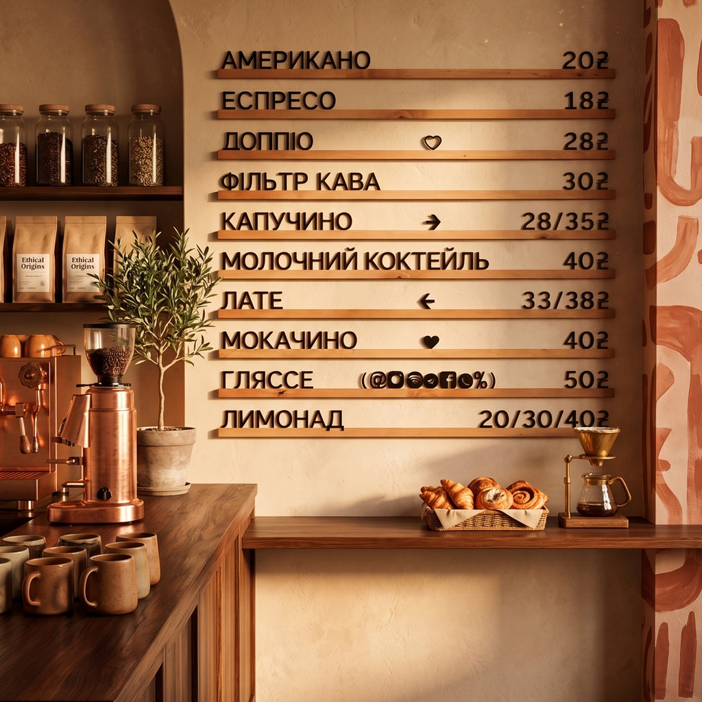 Cyrillic Wooden Menu Board | Black Letters & Natural Wood Rails | Ukrainian Russian Changeable Wall Sign