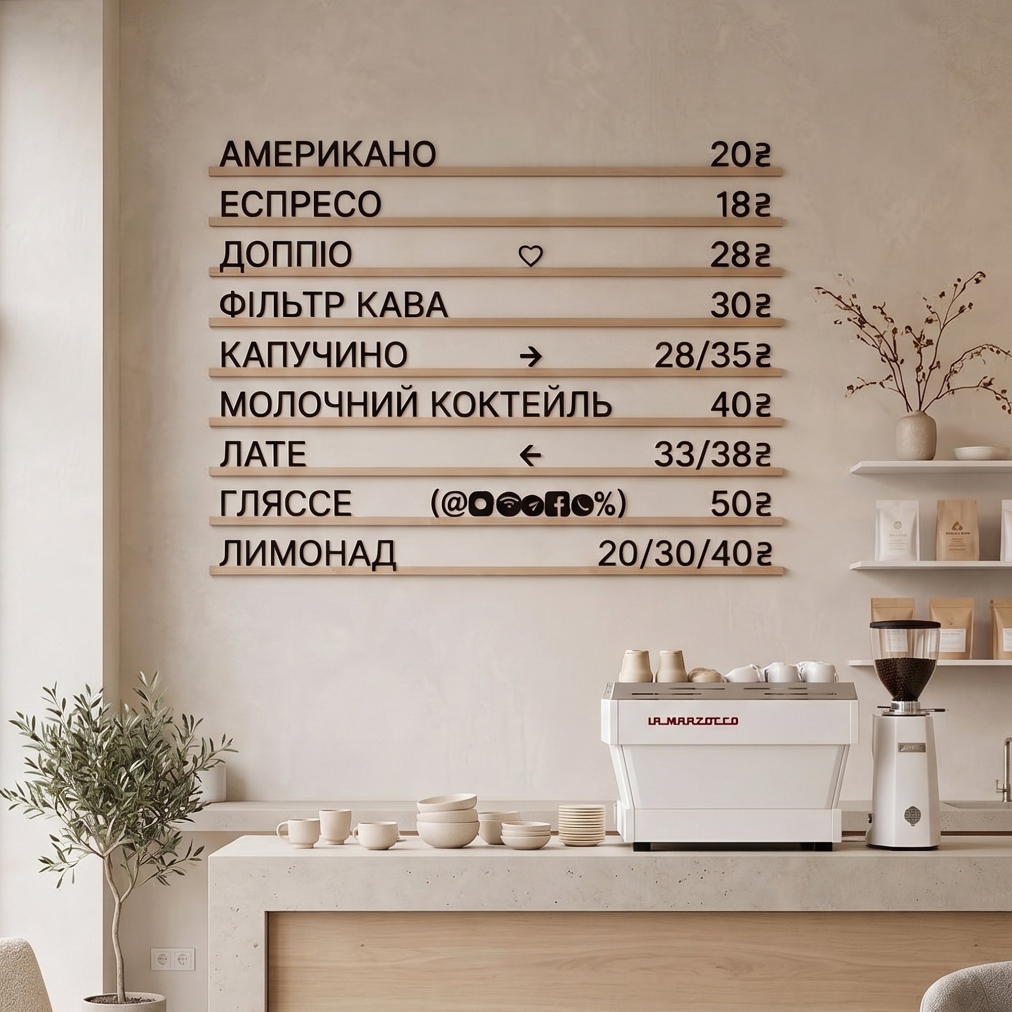 Cyrillic Wooden Menu Board | Black Letters & Natural Wood Rails | Ukrainian Russian Changeable Wall Sign