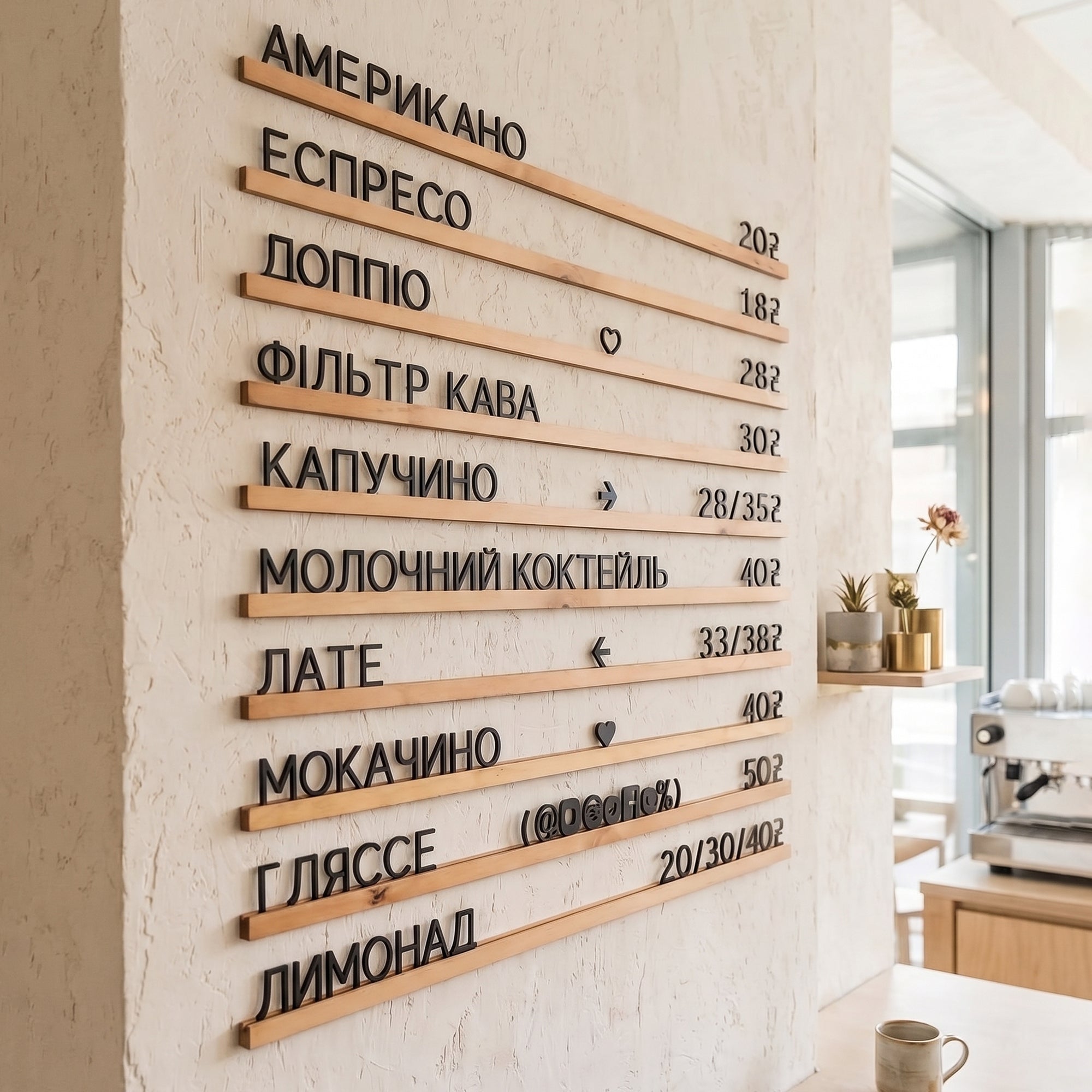 Cyrillic Wooden Menu Board | Black Letters & Natural Wood Rails | Ukrainian Russian Changeable Wall Sign