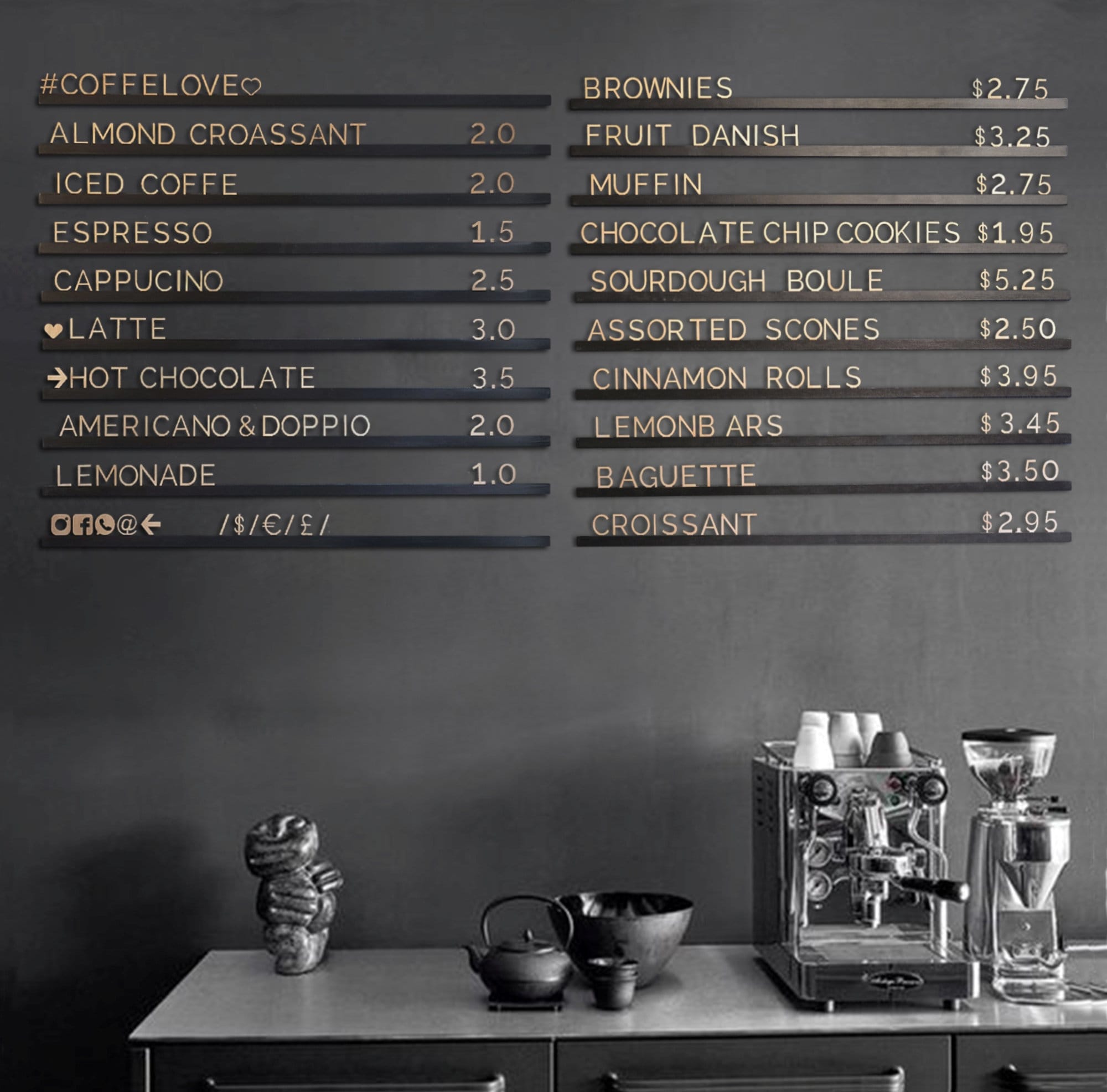 Wooden Menu Board | Light Letters & Black Rails | Changeable Café & Bakery Price List Display