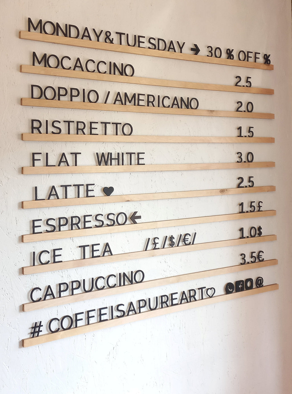 Black Letter Natural Wood Rails Menu Board | Changeable Hotel & Retail Sign | Price List Display