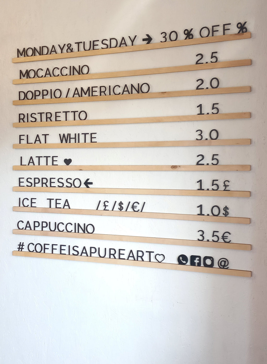 Black Letter Natural Wood Rails Menu Board | Changeable Hotel & Retail Sign | Price List Display