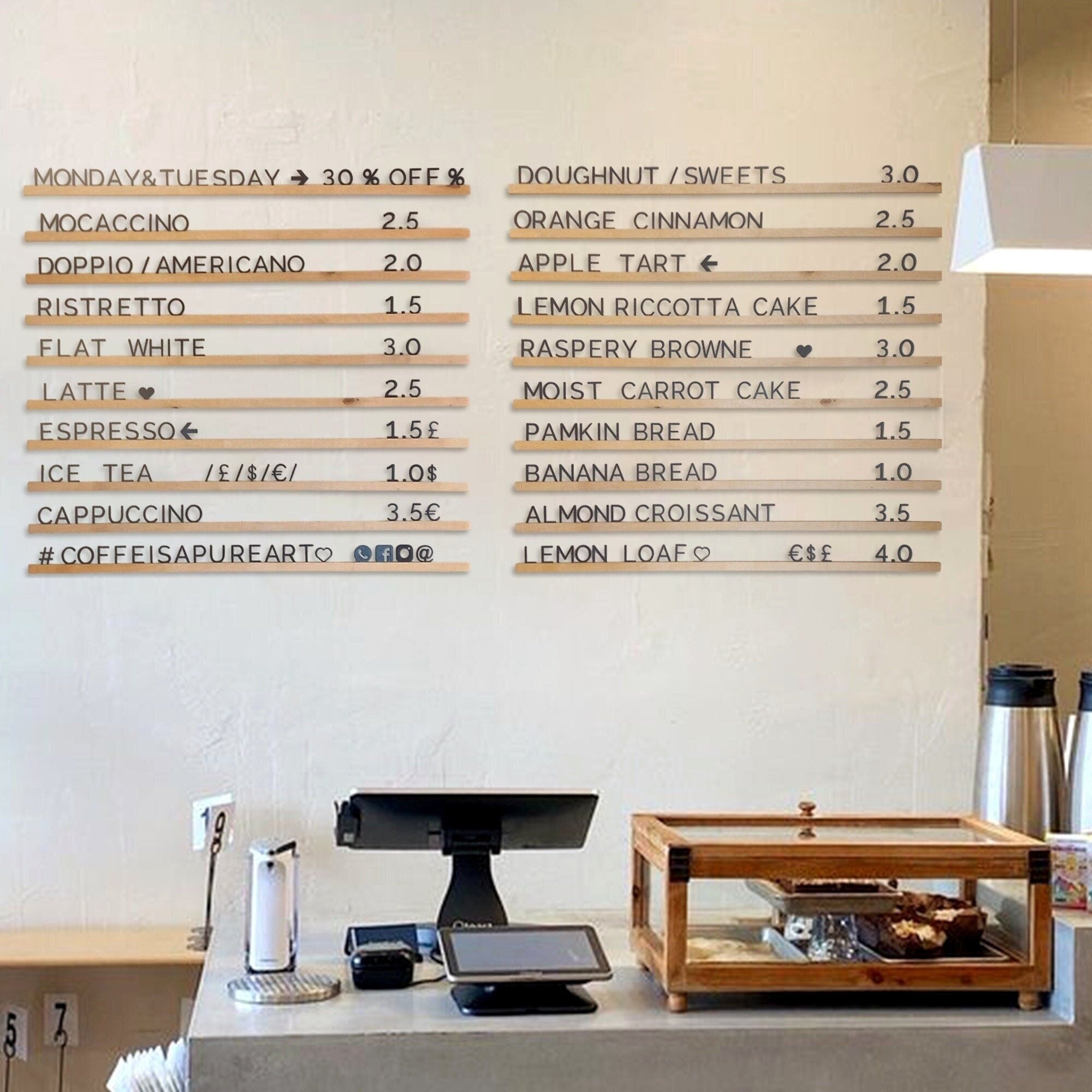 Black Letter Natural Wood Rails Menu Board | Changeable Hotel & Retail Sign | Price List Display