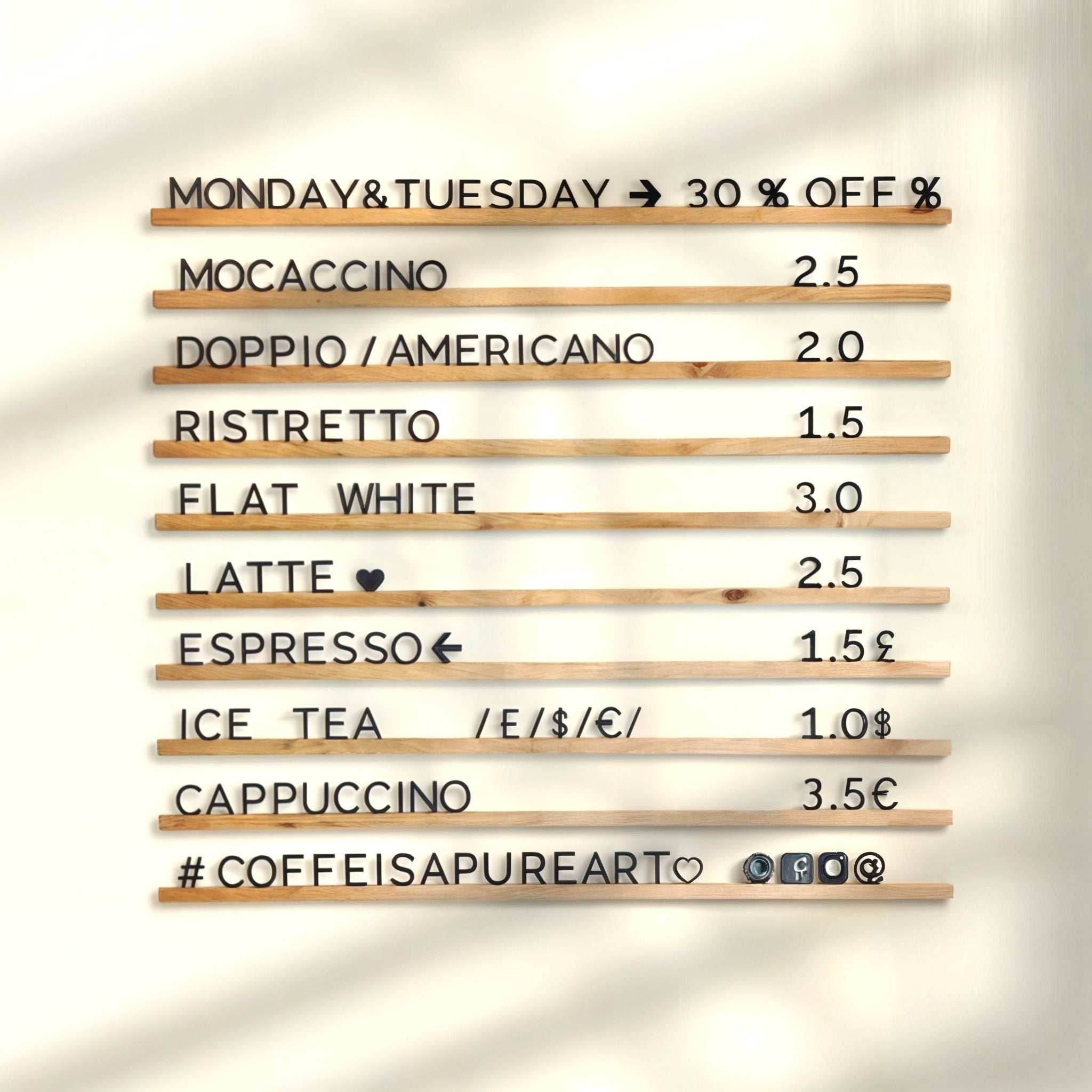 Black Wooden Letter plus Wooden Rails Menu Board, Changeable Letter Board for Bakery, Coffee Shop Wall Price List, Message Board Wall Decor