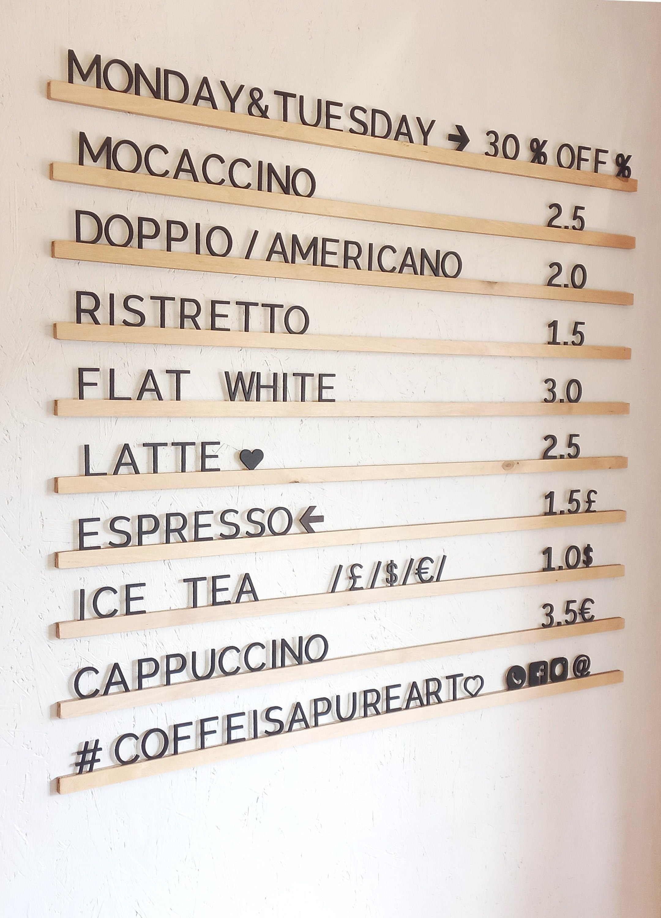 Black Wooden Letter plus Wooden Rails Menu Board, Changeable Letter Board for Bakery, Coffee Shop Wall Price List, Message Board Wall Decor