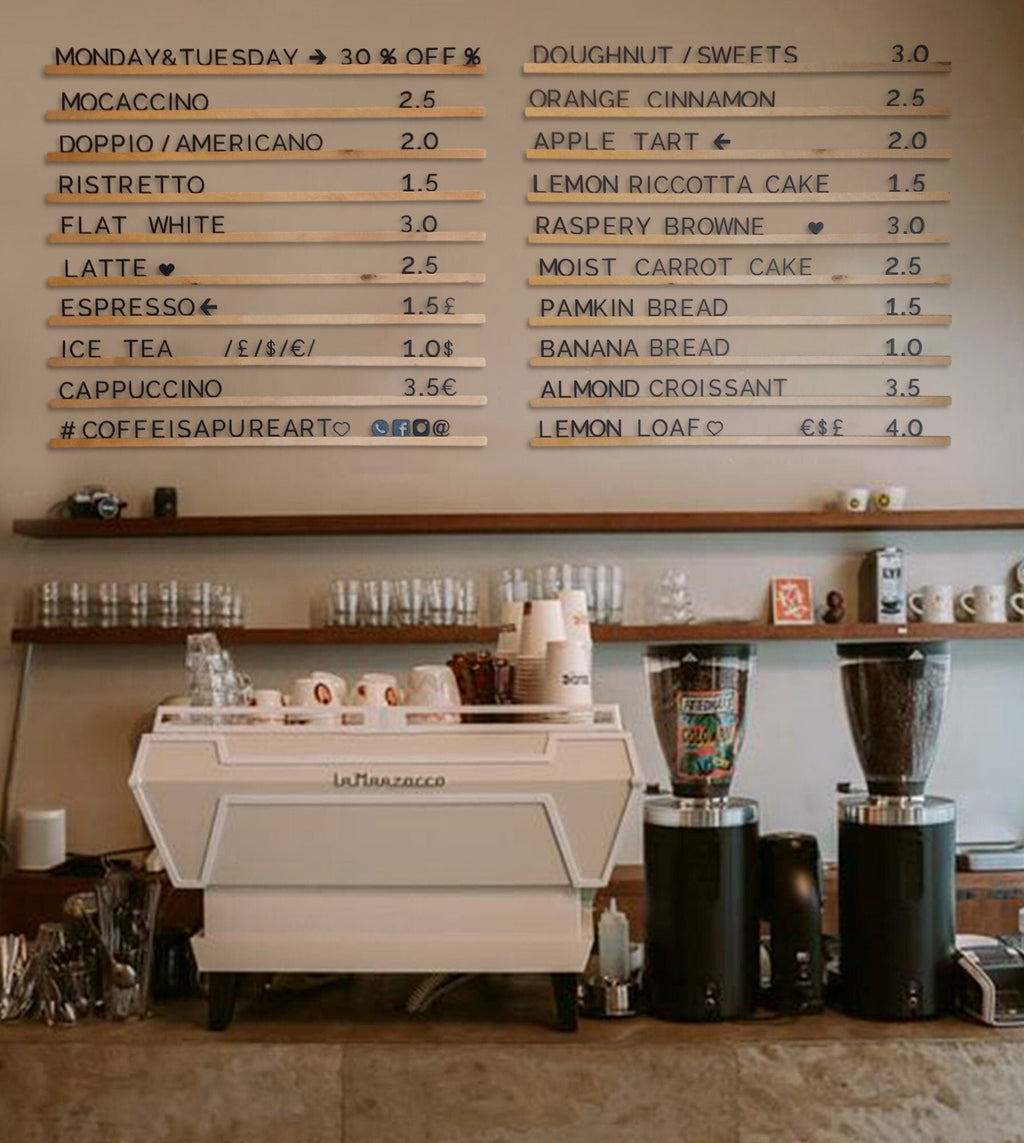 Black Wooden Letter plus Wooden Rails Menu Board, Changeable Letter Board for Bakery, Coffee Shop Wall Price List, Message Board Wall Decor